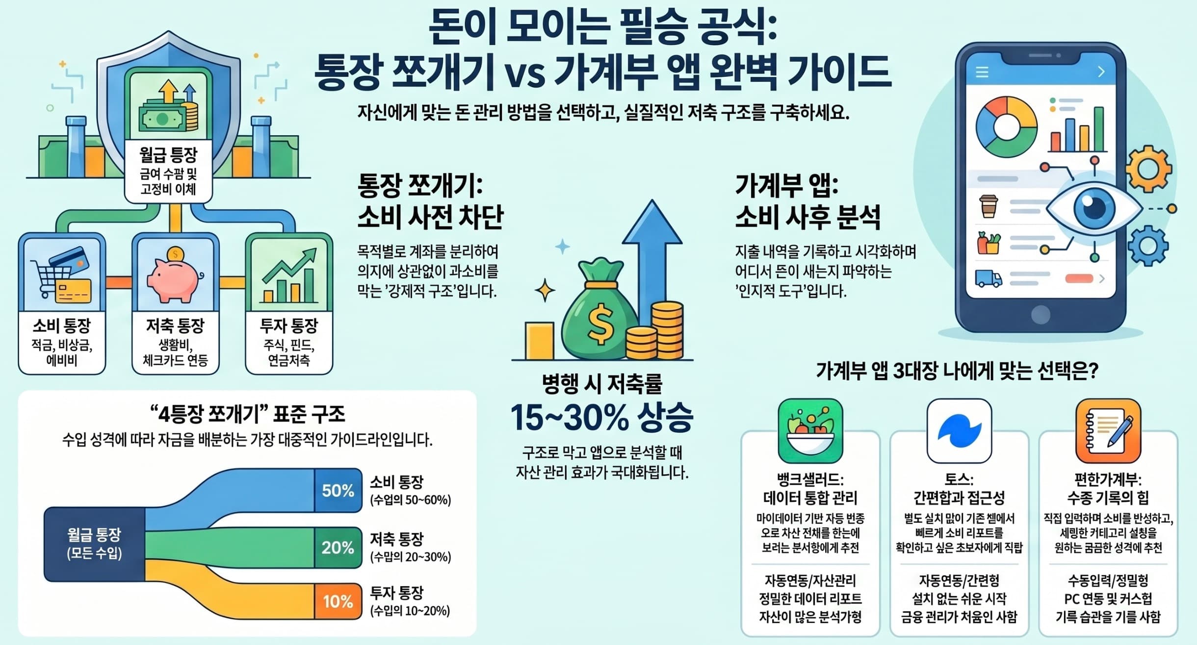 통장 쪼개기 vs 가계부 앱 핵심 요약 인포그래픽