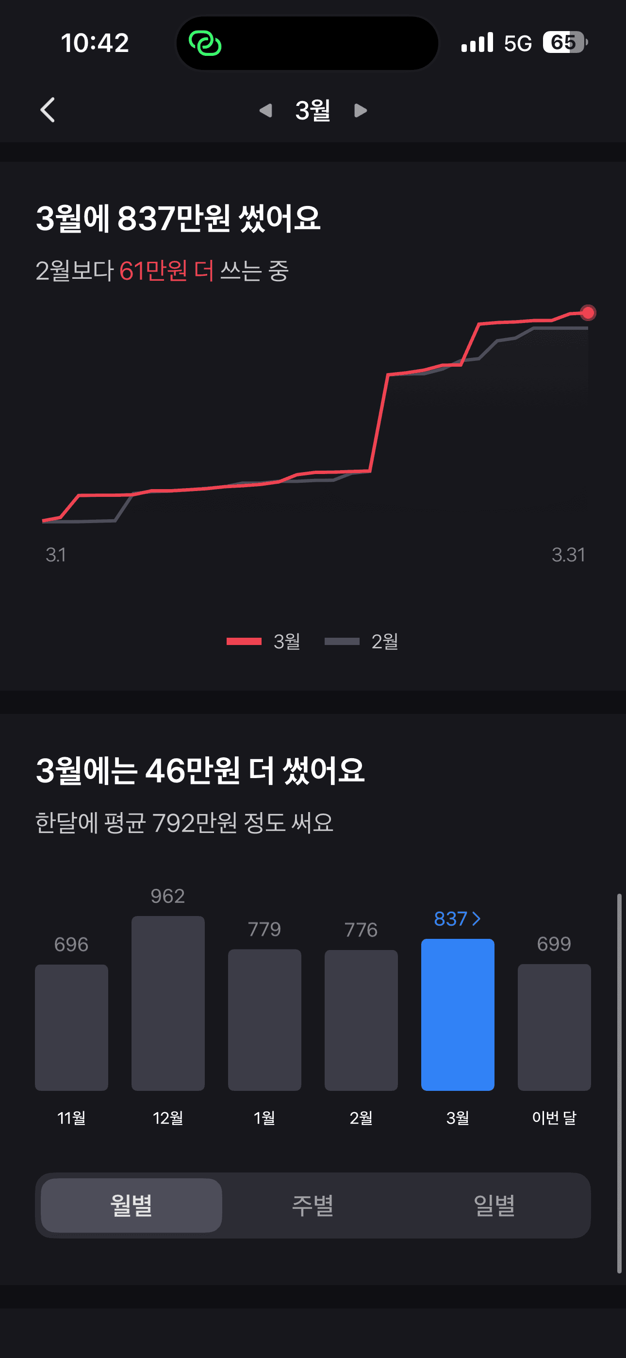월별 지출 추이 라인 + 막대 그래프