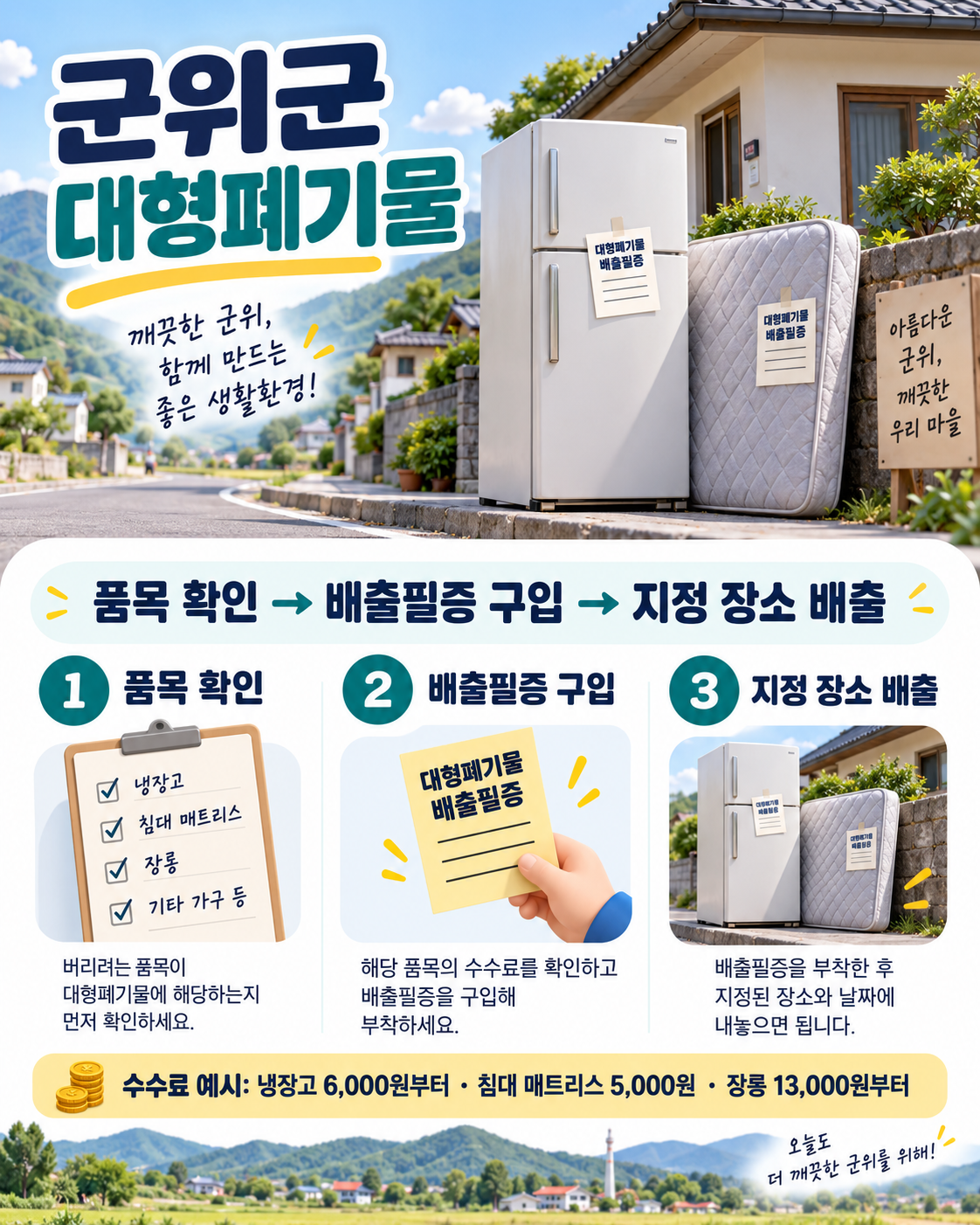 군위군 대형폐기물 배출필증과 배출 순서 인포그래픽