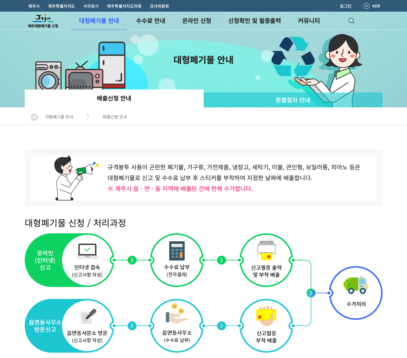 제주시 대형폐기물 배출신청 안내 공식 화면