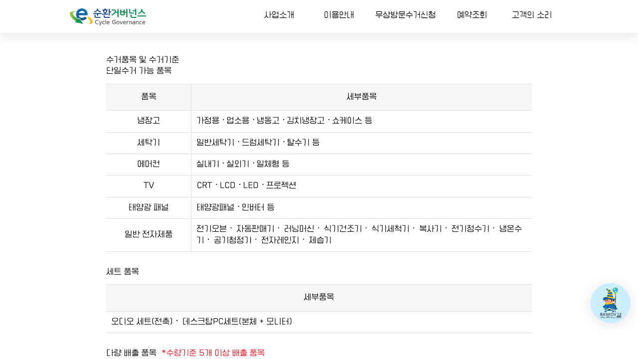 E-순환거버넌스 폐가전 무료수거 품목 안내 화면