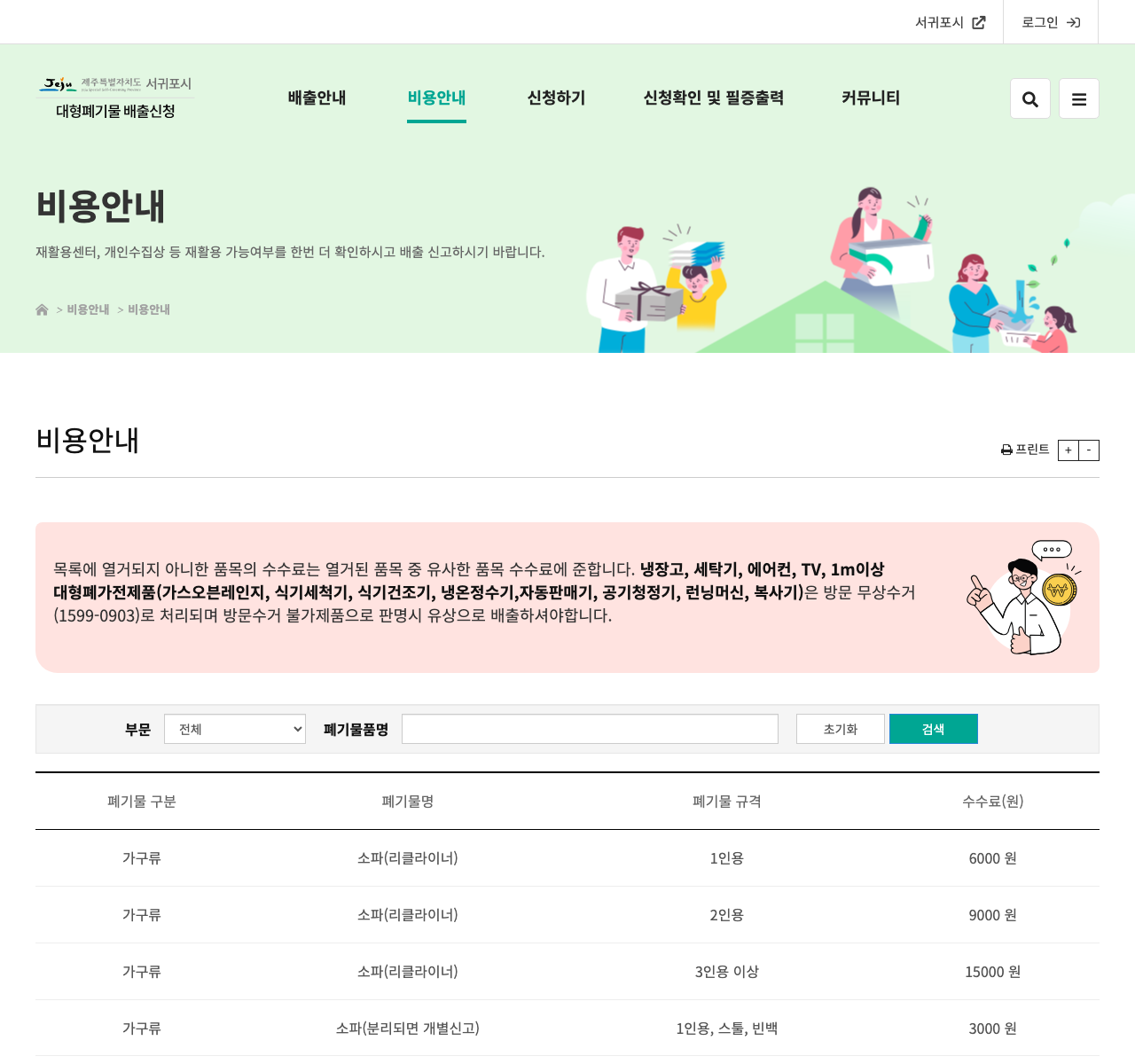 서귀포시 대형폐기물 소파 수수료 공식 검색 화면