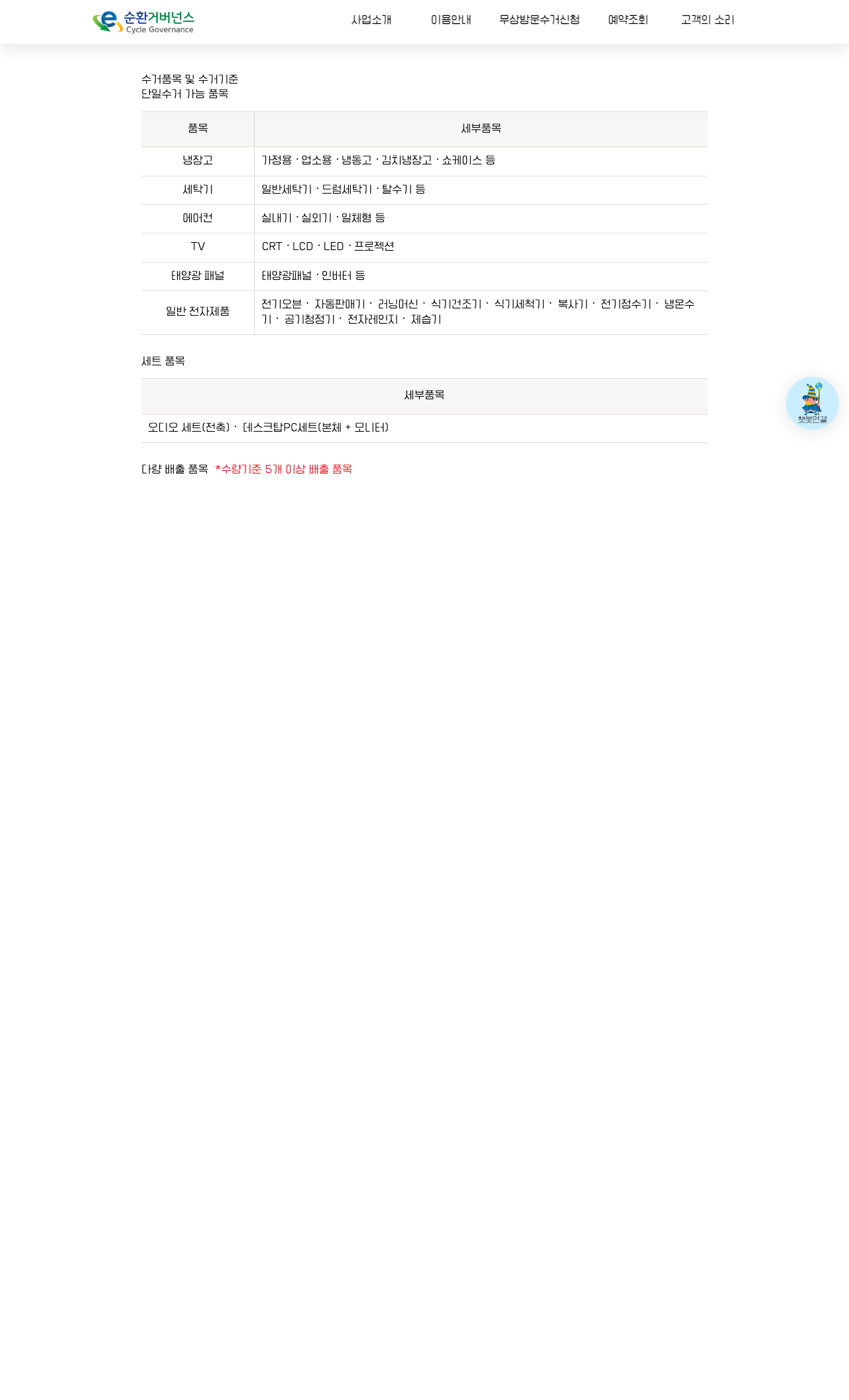 E-순환거버넌스 폐가전 무료수거 품목 안내 화면