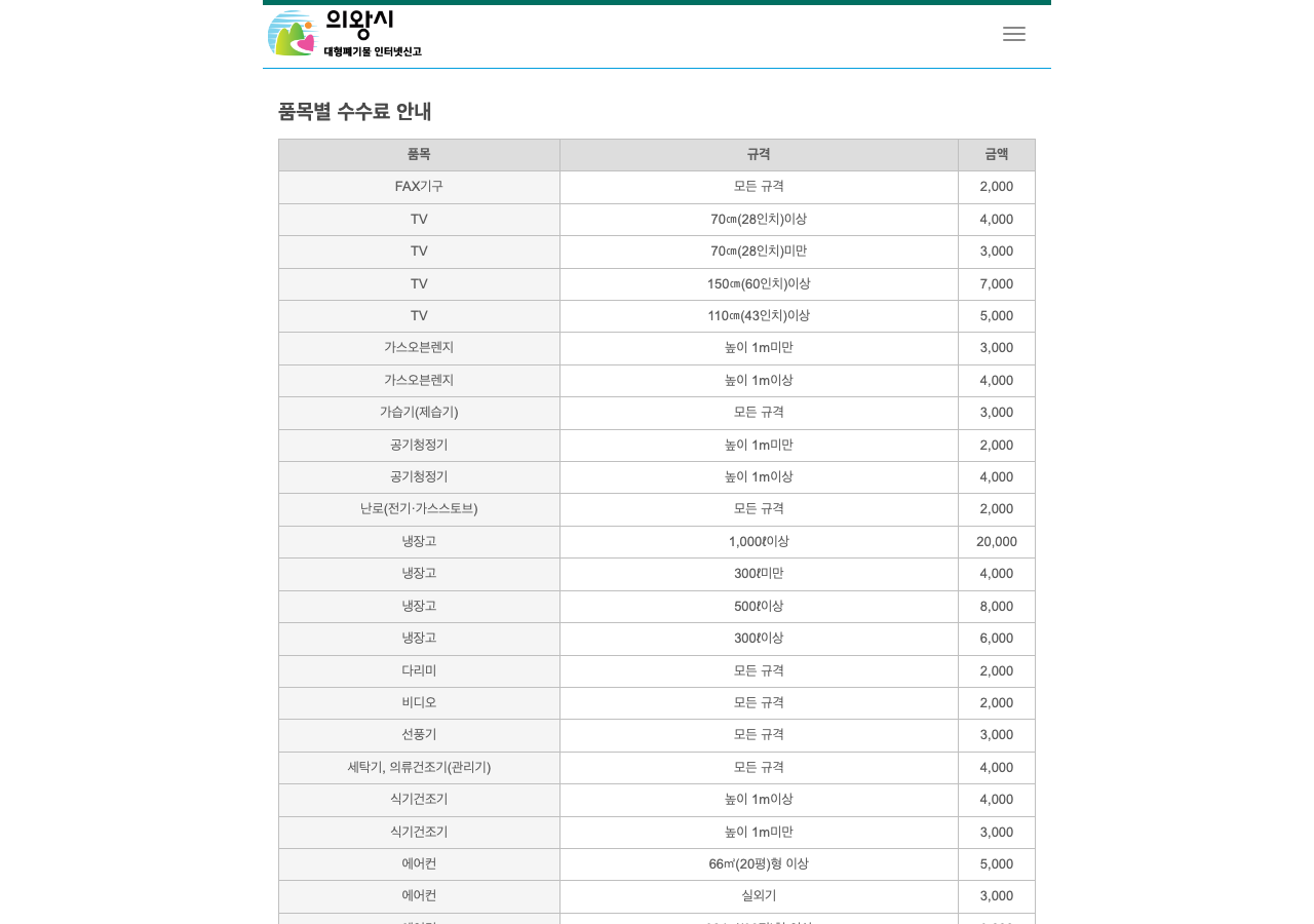 의왕시 대형폐기물 품목별 수수료 공식 화면