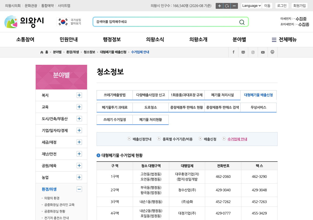 의왕시 대형폐기물 수거업체 안내 공식 화면