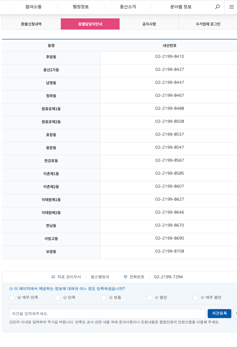 용산구청 동별담당자
